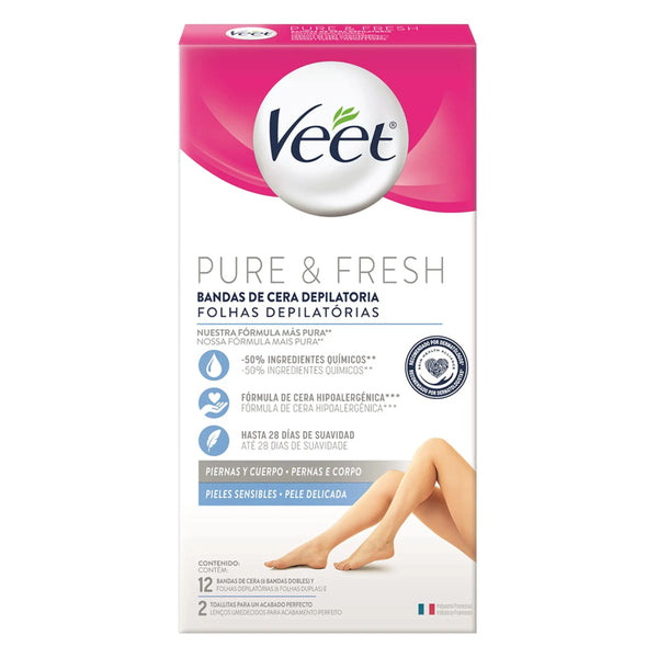 Bandas Veet Cera Depilatoria Piernas Cuerpo Pure Fresh Caja X 12 Und
