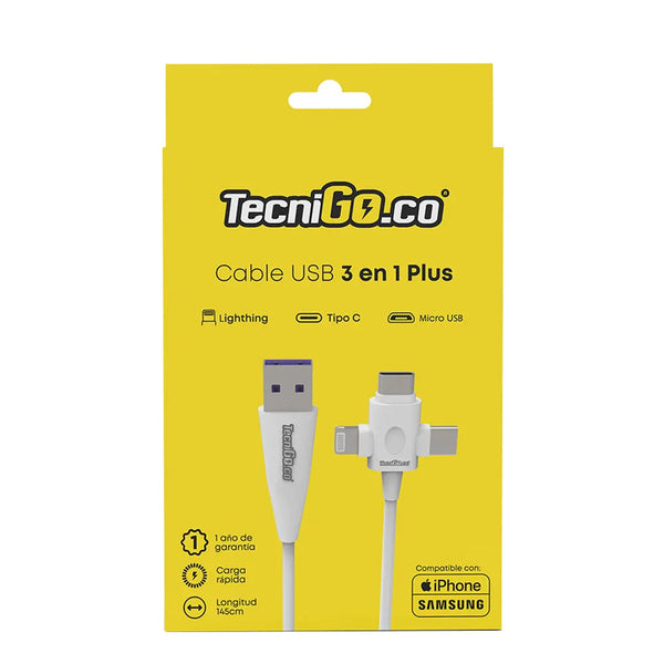 Cable Tres Puntas 3A Carga Rapida Blanco
