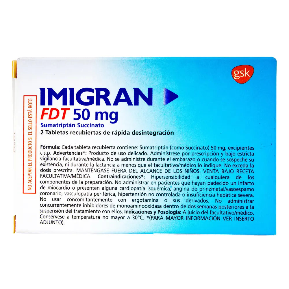 Imigran Fdt 50 Mg Caja X 2 Tab (Sumatriptan) – Droguerías Multifarma