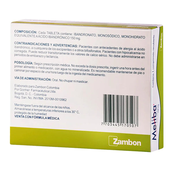 Meliba 150 Mg Caja X 1 Comp (Acido Ibandronico Susp Iny)