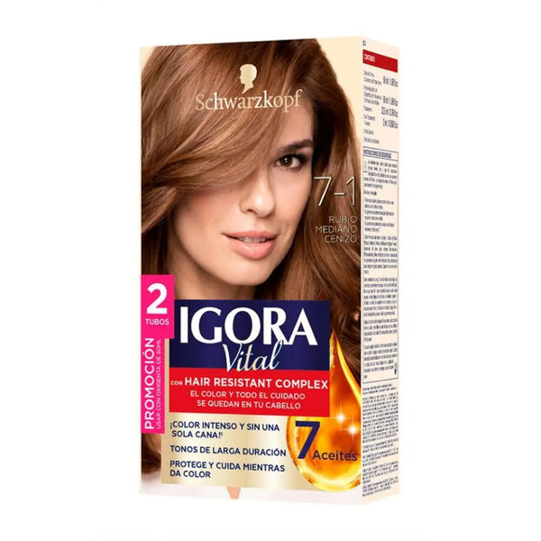 Oferta Tinte Igora Vital Permanente Rubio Medio Cenizo 7-1 Doble Tubo Estuche X 50 Grs