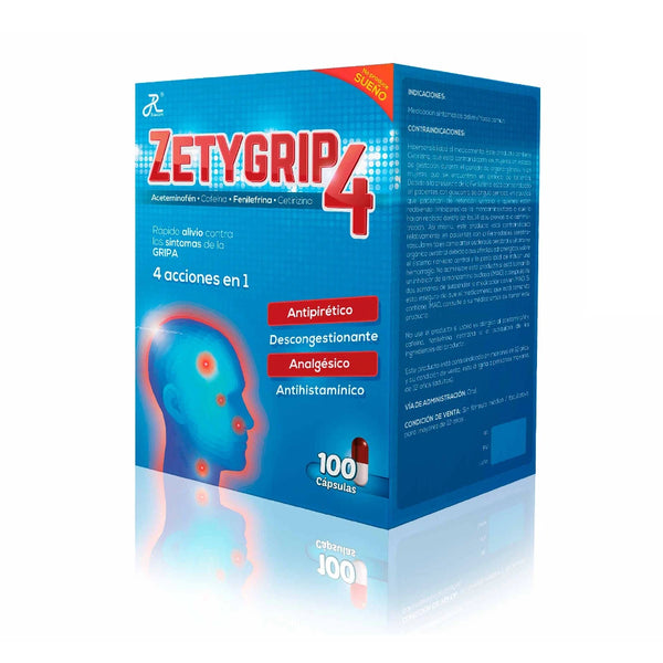 Zetygrip 4 (Acetaminofem 500 mg + Cafeina 30 mg + Fenilefrina 10 mg + Cetirizina 5 mg) X 100 Tabletas